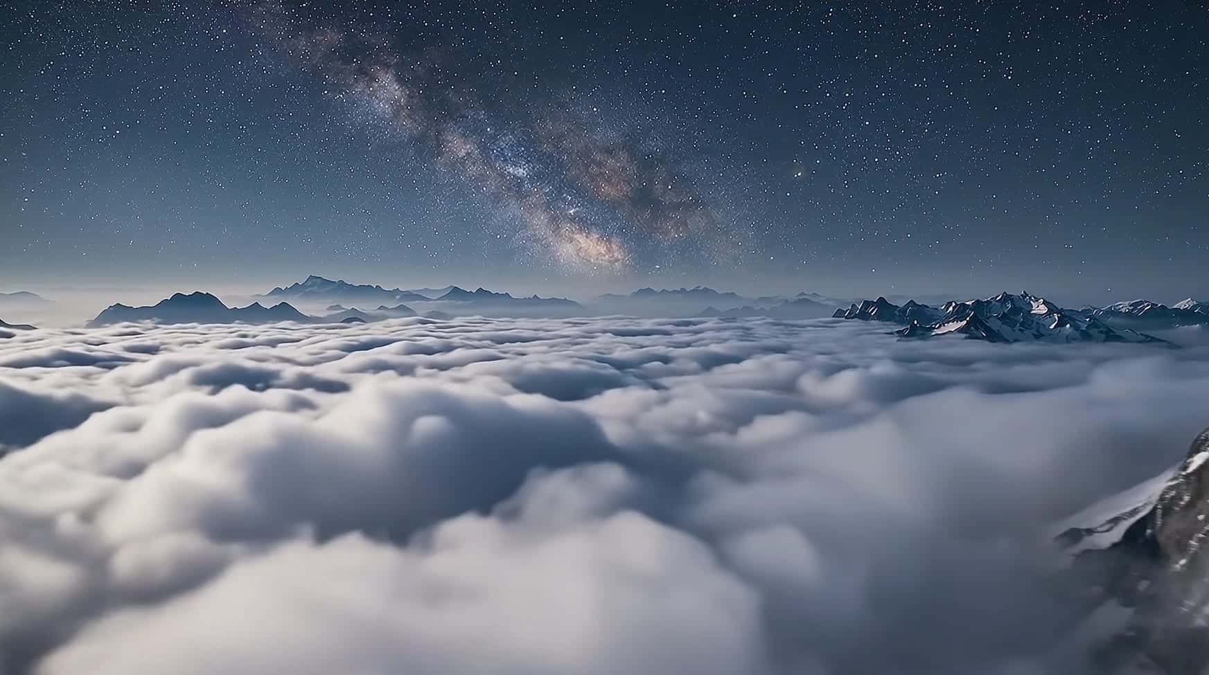 Low over a moonlit sea of cloud at night, distant ridges and stars on the horizon